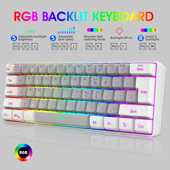 Snpurdiri 60% Wired Gaming Keyboard, SmallUltra-Compact 61 Keys RGB Backlit 60 Percent Gaming Keyboard for PC/Mac Gamer, Typist, Travel, Easy to Carry on Business Trip(White-Grey)