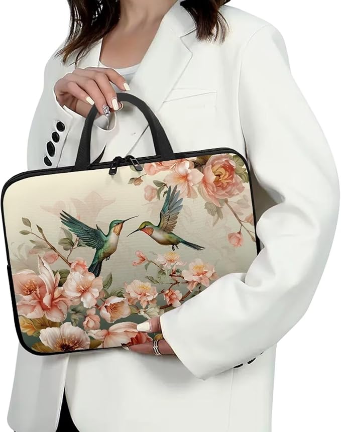 Hummingbird Laptop Sleeve for Women, Protective Computer Cover Case with Handle Briefcase Carrying Bag Compatible 12 Inch Notebook, Chromebook Computer, Vintage Floral