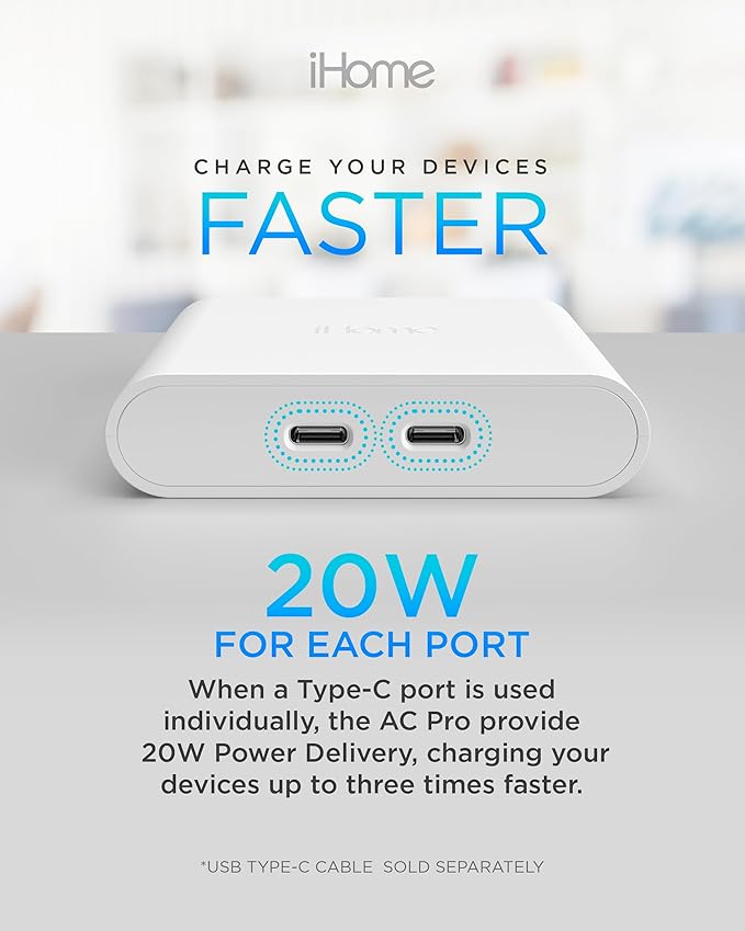 iHome Multiport 40W USB-C Charger, AC Pro 2-Port Flat Block, Dual Fast Charging Wall Adapter