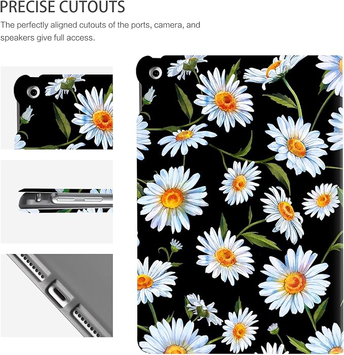 Cases for iPad 9th Generation, for iPad 8th Generation Case, for iPad 7th Gen case, for ipad Cases 9th Generation 10.2 inch Women Men Kids Multi-Angle Adjustable Stand Auto Wake/Sleep,Black Daisy