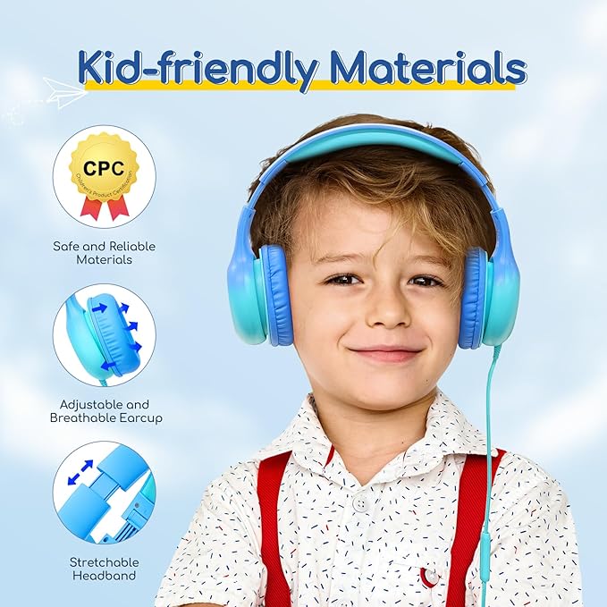 EarFun Kids Headphones Wired with Microphone, USB Type C Headphones for Kids, 85/94dB Volume Limit, Portable Wired Headphone with Shareport, Stereo Sound Foldable Headset for School/Tablet/PC, Cyan