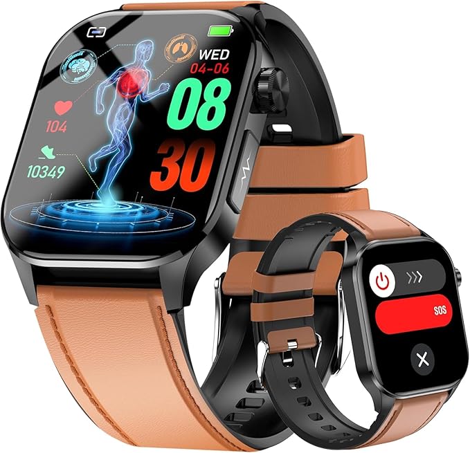Advanced Health Smartwatch for Women Men with Real-Time Monitoring of Heart Rate, Blood Oxygen, Body Temperature, Blood Pressure, Sleep Auality and Stress Levels (Brown)