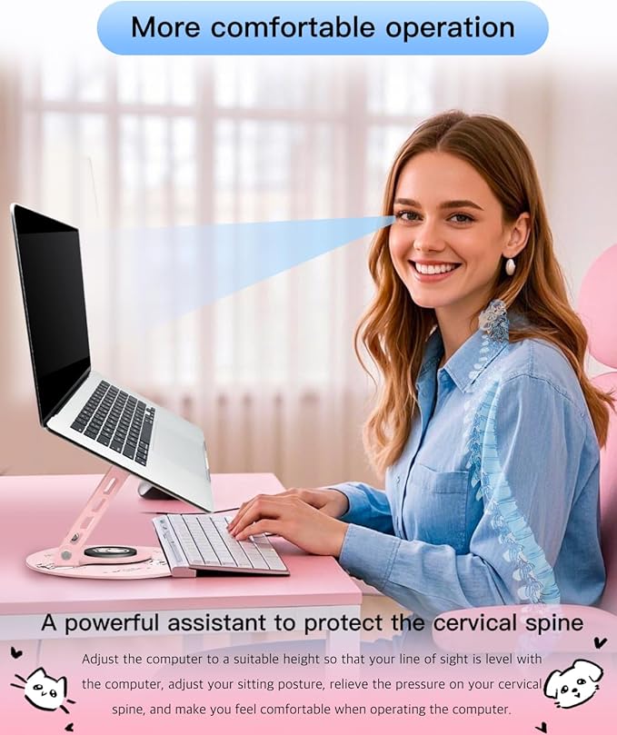 Upgraded Pink Swivel Laptop Stand - 360° Rotating Base & Foldable|Cute Cat Patterns for Healing Vibe|Fits MacBook & 13-15" Laptops|Ideal for Desk Work,Office,Travel,Home,Painting