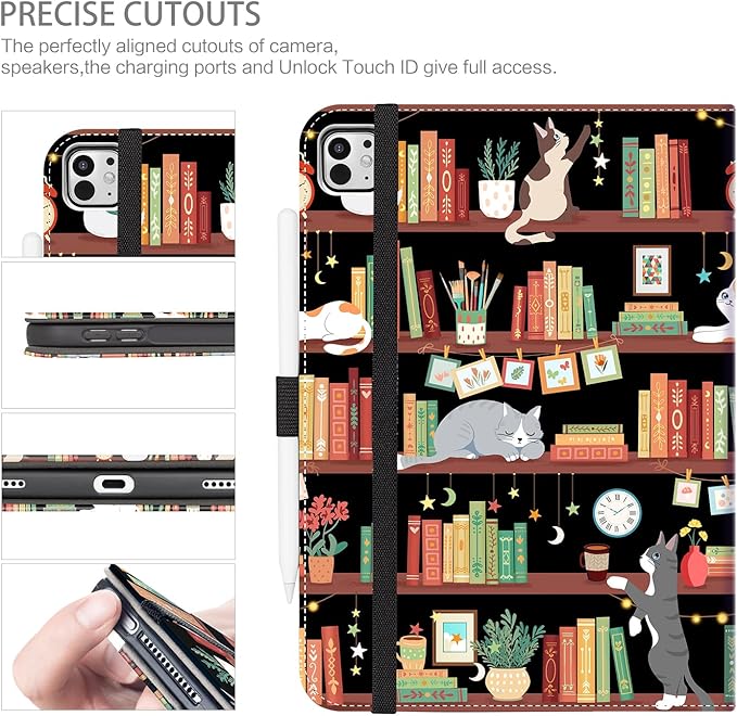 iPad Pro 13 inch Case (M5) 2025, Case for iPad Pro 13-inch (M4) 2024 with Pencil Holder Multi-Angle View Adjustable Stand Shockproof Protective with Pocket/Hand Strap/Auto Wake Sleep, Bookshelf Cat