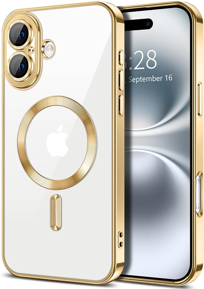 Hython Magnetic Clear for iPhone 16 Case with Camera Lens Protector [Compatible with MagSafe] Luxury Plating Edge Slim Soft TPU Cover Protective Phone Case for iPhone 16 6.1", Gold