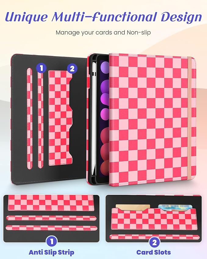Kidcube for iPad mini 7 Case A17 Pro 2024, for iPad mini 6th Generation Case 8.3 Inch - Women Girls Cute Rotating Stand Folio Cover with Pencil Holder & Card Slot Girly Pretty Unique Teens Cover