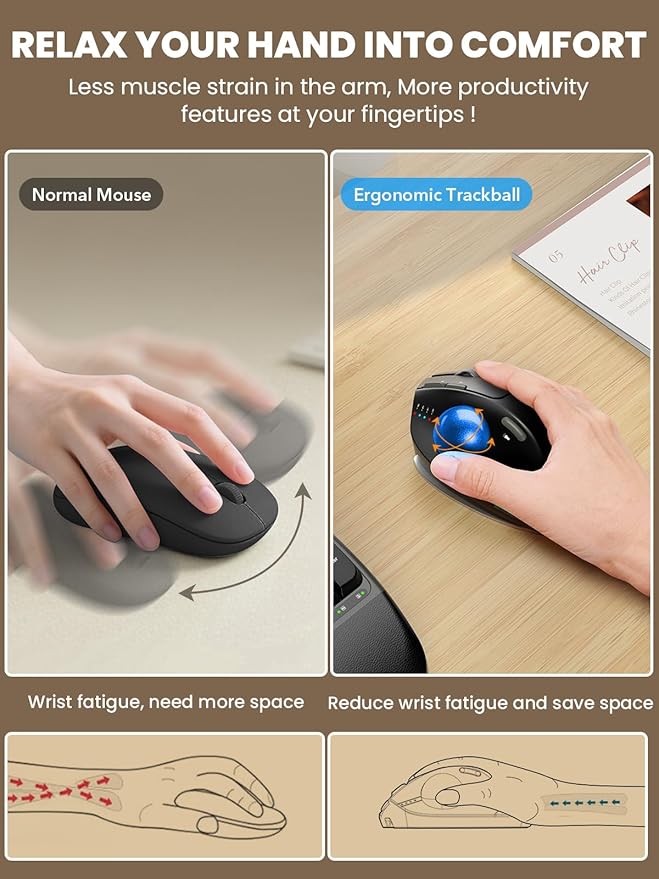 MAM1 Pro Wireless Trackball Mouse, Ergonomic Bluetooth Rechargeable Computer Mouse, Backlit Rollerball Thumb mice with 5 Level DPI, Adjustable Angle, 3 Devices Connection for PC, Windows - Blue Ball