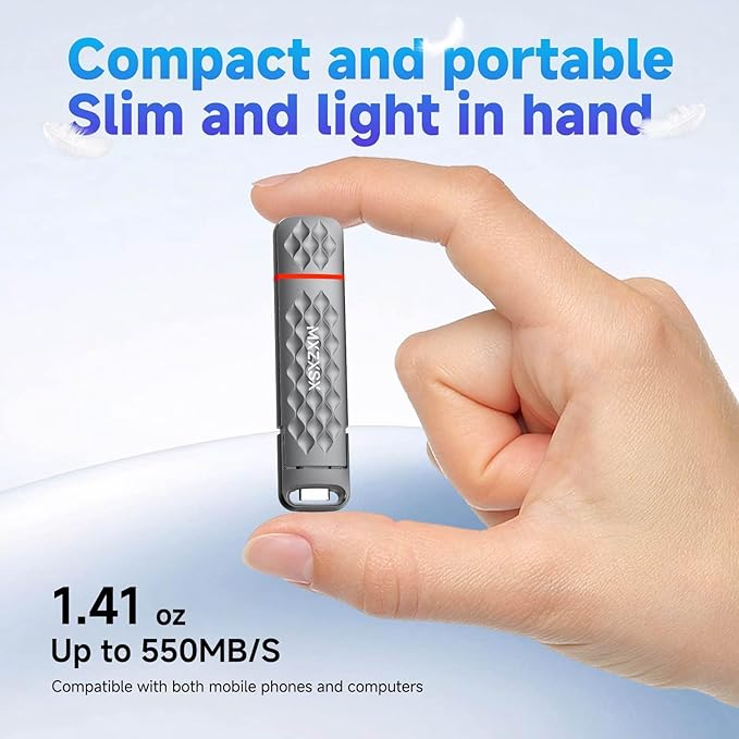 256GB USB Flash Drive,Up to 550MB/s External SSD Thumb Drive, USB 3.2 + Type C, for iPhone15/16/17, Android Phone, PS4/PS5/MacBook/iPad/SmartTV, Zinc Alloy Body