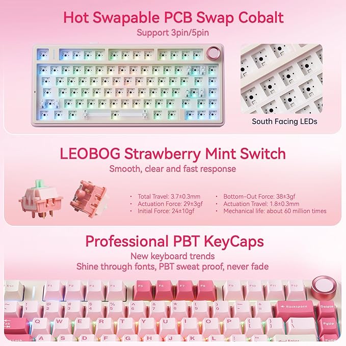 AULA F75 Wireless Keyboard, 75% Gaming Keyboard Hot Swappable with Creamy Sound,Bluetooth/2.4GHz/USB-C,Custom RGB Mechanical Keyboard for PC Gamer - Pink