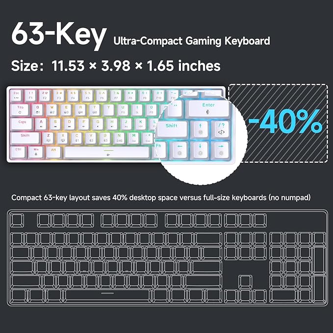 DIERYA DK63 60% Wireless Mechanical Gaming Keyboard | Bluetooth/2.4G/Wired Keyboard | RGB Backlit Compact 63 Keys Mini Office Keyboard | with Blue Switch | for Windows Laptop PC Gamer Typist-White