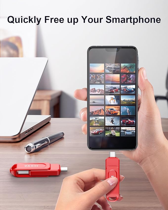 KEXIN Dual 64GB Flash Drive 3.0 USB-A & Type-C Thumb Drive 100MB/s Swivel USB Drive 64GB Memory Stick for Smartphone Tablet iPhone 15/16 Car Game Console, Red