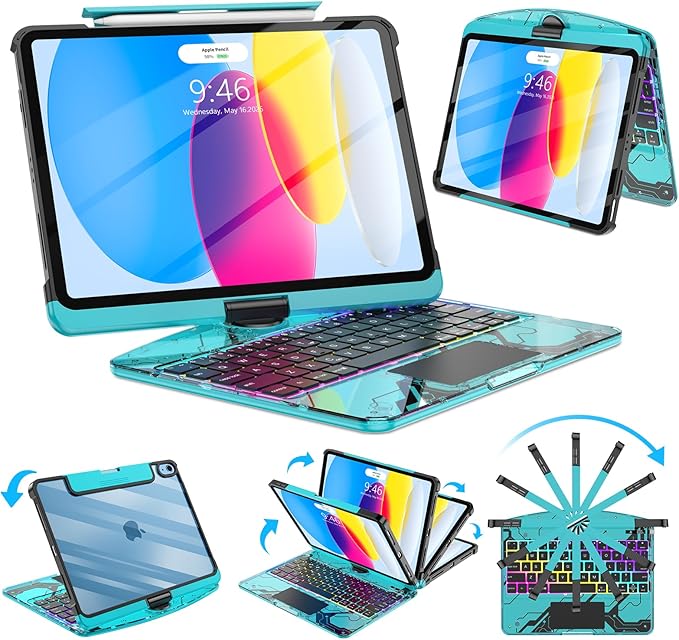SIBEITU Keyboard Case for iPad A16 11th Gen 11" 2025 & 10th Gen 10.9" 2022, Clear Wireless Keyboard Protective Cover with Multi-Touch Trackpad, 7-Color Backlight & 3-Brightness, 360 Rotatable, Blue