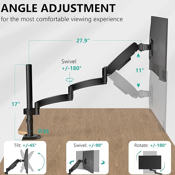 WALI Single Long Monitor Arm - Computer Monitor Arm Desk Mount for 13-32 inch, Hold up to 19.8lbs, Extra Long Adjustable Stand, Full Motion Tall Arm, VESA 75/100mm, (GSDM001L)