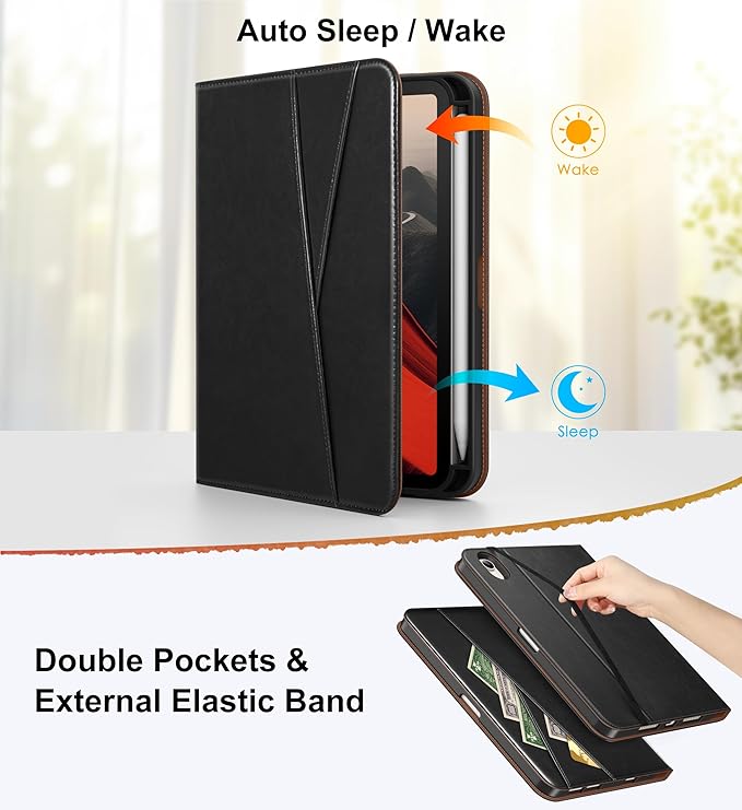 DTTO for iPad mini 7 (A17 Pro) Case, iPad mini 7th / 6th Generation Case (2024/2021), 360 Degree Rotating Premium Leather Folio Stand Cover with Pencil Holder, Black