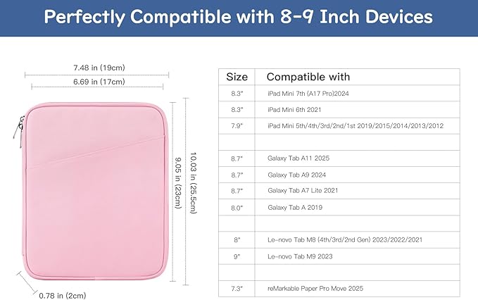 Dadanism 8-9 Inch Tablet Sleeve Bag Carrying Case for iPad mini 7th/6th 8.3", iPad mini 7.9", Galaxy Tab A7 Lite/A9 8.7", ‎Remarkable Paper Pro Move 7.3" 2025, Tab M8 8", Tab M9 9", Flowers Pink