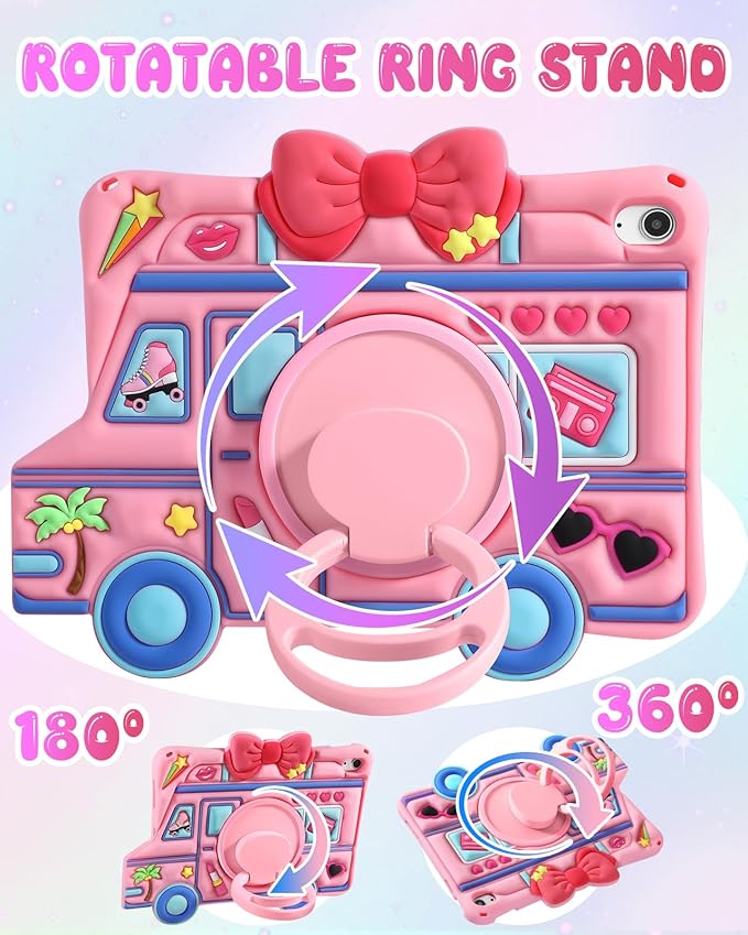 for iPad 10th Generation Case 10.9 Inch 2022, for iPad A16 Case 11th Generation - for Girls Cute Girly Kawaii 3D Cartoon Design with Rotating Stand & Strap Silicone Cover for Apple 10th/11th