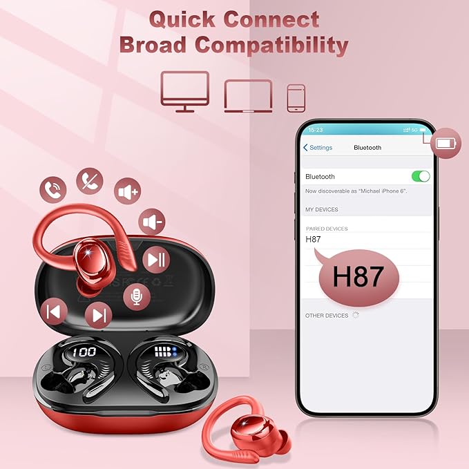 Hupoaf Wireless Earbuds Sport, NEW Bluetooth 5.4 Headphones with Earhooks, 50H Stereo Deep Bass Over Ear Buds with 4 ENC Noise Canceling Mics, IP7 Waterproof Earphones for Running Workout Gym -Red