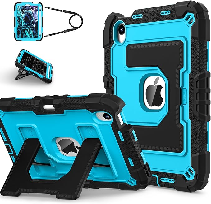 Kids Friendly Case for Apple iPad mini 7 A17 Pro 2024/iPad Mini 6 2021 8.3 Inch 7th/6th Gen Case with Pencil Holder & Shoulder Strap, Shockproof Kickstand Hard Shell Protective Cover,Black+Blue