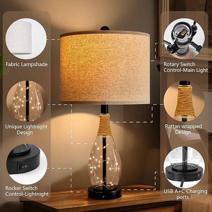 OYEARS Bedside Table Lamp with USB, 23‘’ Black Modern Nightstand Lamps for Bedroom, Retro Rattan Table Lamps for Night Stands, Living Room, Farmhouse Table Lamp with Glass Nightlight Lamps