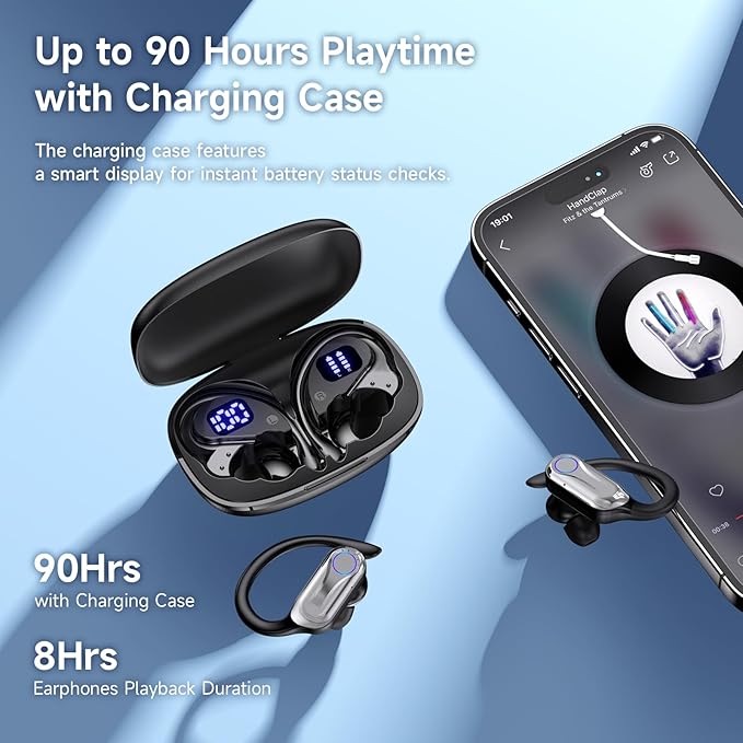 Wireless Earbuds, Sports Bluetooth 6.1 Earhooks Headphones, 90H Playtime LED Charging Case, ENC Noise Cancelling, 16.2mm Driver HiFi Stereo, IPX7 Waterproof Earphones for Running Workout Gym Black