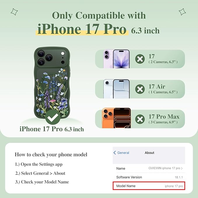 GVIEWIN for iPhone 17 Pro Case Compatible with MagSafe [Curly Wave Edge][Full Camera Protection]Floral Translucent Shockproof Magnetic Women Phone Case for iPhone 17 Pro 6.3'', Sweet Posy/Forest Green