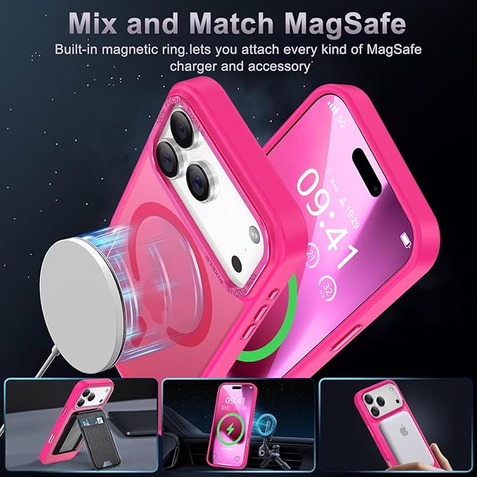 Newfuture Magnetic for iPhone 17 Pro Case [Compatible with Magsafe] [Military Grade Drop Protection] Translucent Matte Anti-Scratch Shockproof Protective Phone Cover 6.3 Inch, Hot Pink