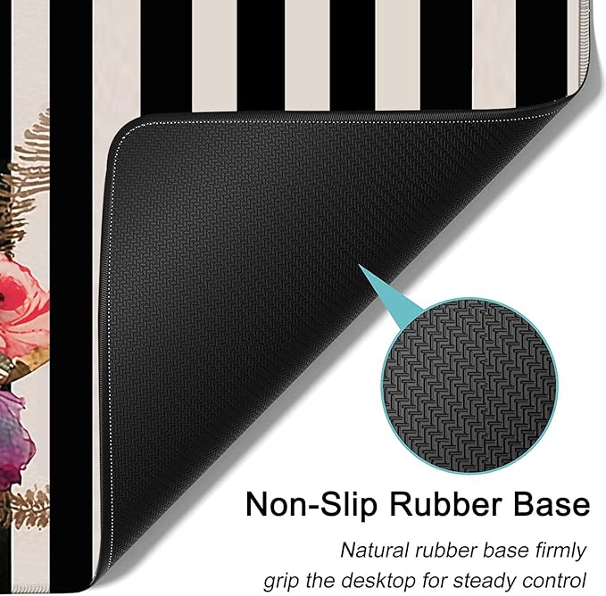 Large Mouse Pad, 31.5 x 11.8in Extended Gaming Mouse Pad with Stitched Edges,XXL Mousepad Protector Non Slip Rubber Base for Office & Home Writing Mat,Skulls and Flowers Black & White Stripes Desk Mat