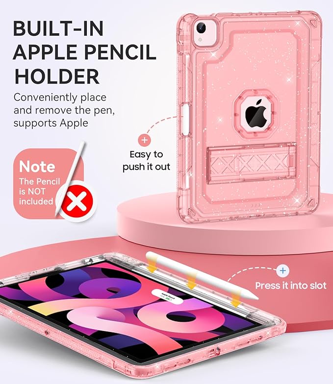ZoneFoker Case for iPad Air 5th/ 4th Generation Case (2022/2020) 10.9'', for iPad Pro 11 Inch (4th/3rd/2nd/1st Gen), Hard Sturdy Slim Cover for iPad Air 5 4 th with Pencil Holder/Stand, Pink Glitter