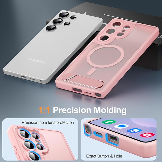 Magnetic for Samsung Galaxy S25 Ultra Case, [Compatible with MagSafe][Full Camera Protection][Built-in Invisible Kickstand] Translucent Matte Phone Case for S25 Ultra 6.9" - Pink