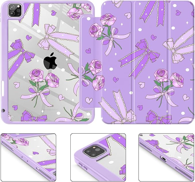Tuiklol for iPad Pro 12.9 Inch 6th/5th/4th/3rd Generation 2022 2021 2020 2018 Case,Built-in Pencil Holder Clear Transparent Protective Back Shell Cover with Auto Sleep/Wake, Bow & Rose Purple