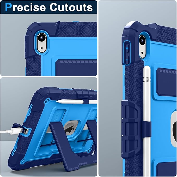 Kids Friendly Case for iPad A16 11th Generation 11 Inch 2025 / iPad 10th Generation 10.9" 2022 Case with Pencil Holder & Shoulder Strap, Hybrid iPad 11 10 Cover Rugged Shockproof Kickstand,Blue