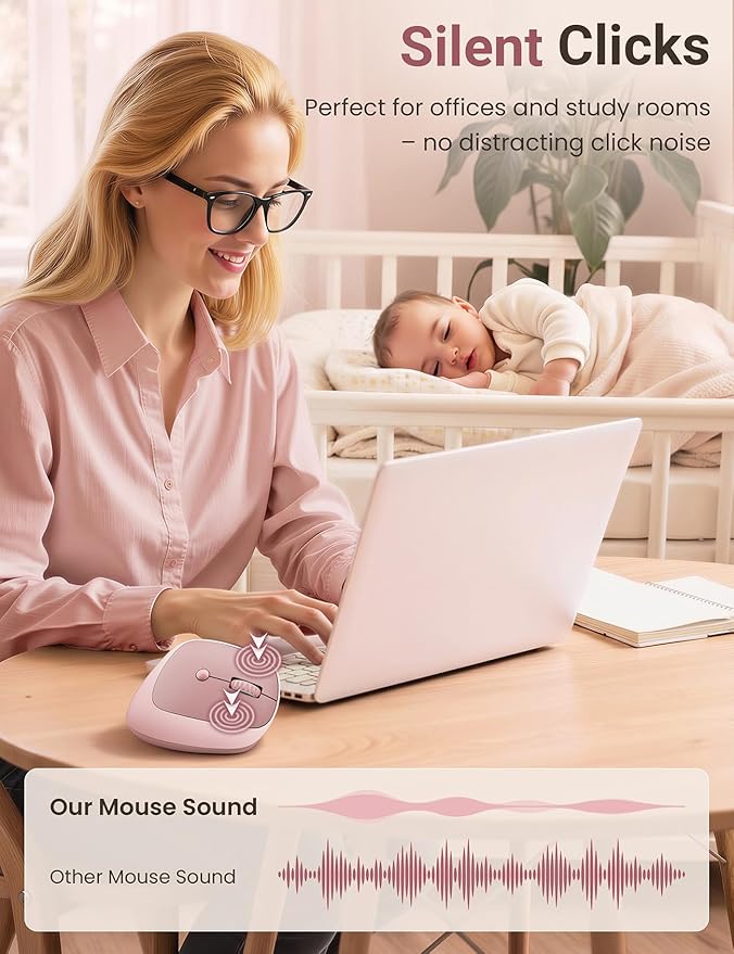 Ergonomic Vertical Wireless Mouse, 57° Natural Handshake for Wrist Pain Relief, Rechargeable 2.4G USB Computer Mouse, Quiet Click, 800/1200/1600 DPI, for Laptop PC Mac, Small/Medium Hands (Pink)