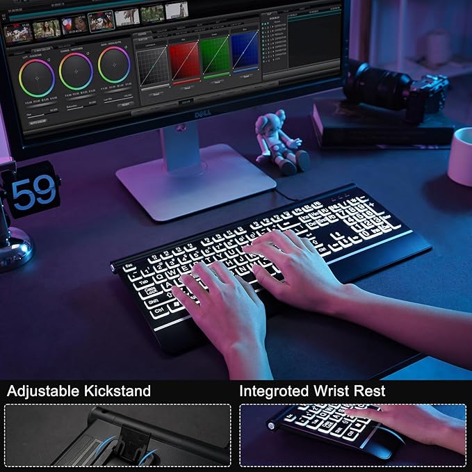 Large Print Backlit Computer Keyboard, 7-Color Backlit Keyboard with Wrist Rest, USB Plug-and-Play, Oversize Letters Keys Easy to See and Type, Wired Light Up Keyboards for Laptop, PC, Gaming
