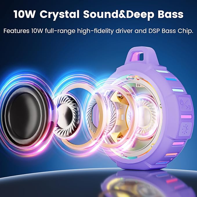 XLeader X8(2 Gen) Upgraded, Bluetooth Shower Speaker, Certified IP67 Waterproof, Small Wireless, Silicone Case, 10W Pro Sound&Deep Bass, 24Hrs Playtime, with Portable Clip, for Beach Kayak Gift Purple