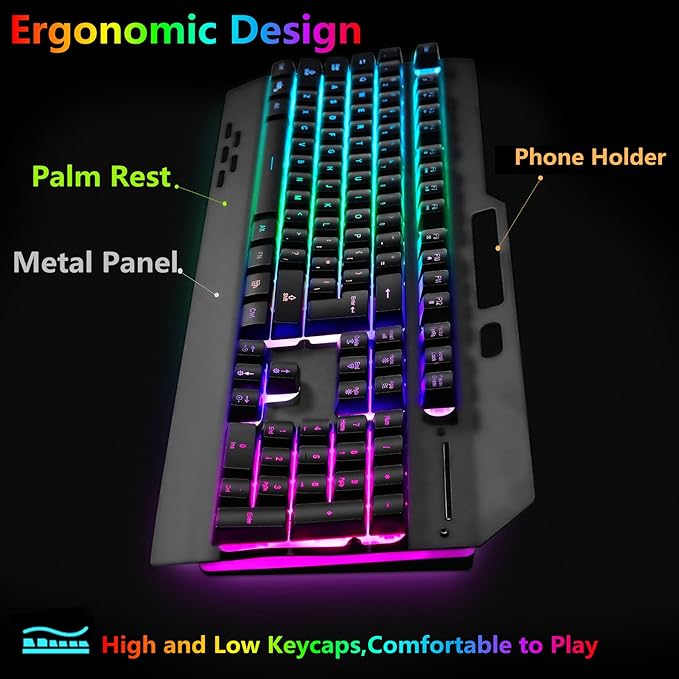 Wireless RGB Gaming Keyboard and Mouse - Rechargeable Backlit,Long Battery Life,Metal Panel Mechanical Feel with Palm Rest,7 Color Gaming Mouse and Mouse Pad for Game and Work