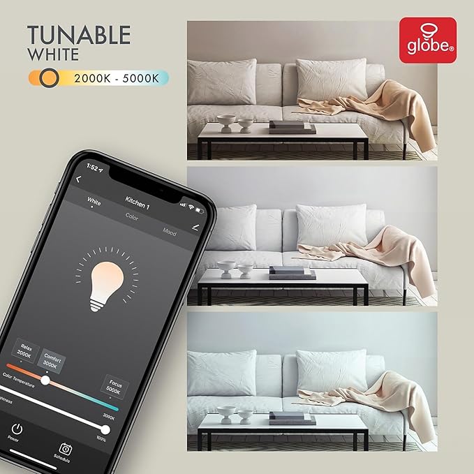 Globe Electric Wi-Fi Smart 10 Watt (65W Equivalent) Multicolor Changing RGB Tunable White Frosted LED Light Bulb, No Hub Required, Voice Activated, 2000K - 5000K, BR30 Shape, E26 Base,50035