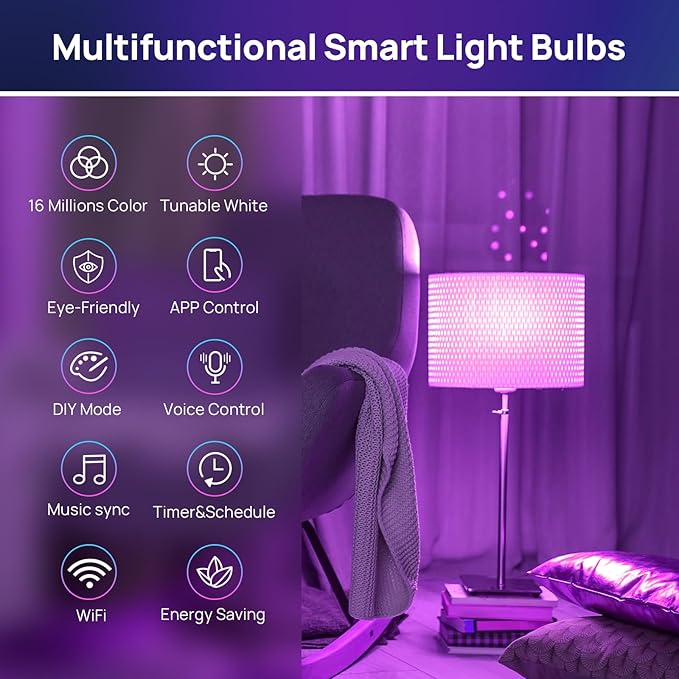 Consciot Smart LED Light, WiFi Color-Changing A19 E26 Lamp Compatible with Alexa & Google Home, 60W Equivalent, Music Sync, Dimmable, 4 Pack