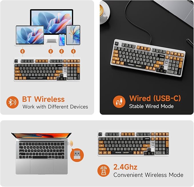 MCHOSE UT98 Wireless Mechanical Keyboard Compact Gaming Keyboard with Knob Tri-Mode Connection Hot Swappable Custom Creamy Keyboard Gasket Structure Pre-lubed Linear Switches RGB Retro ICY