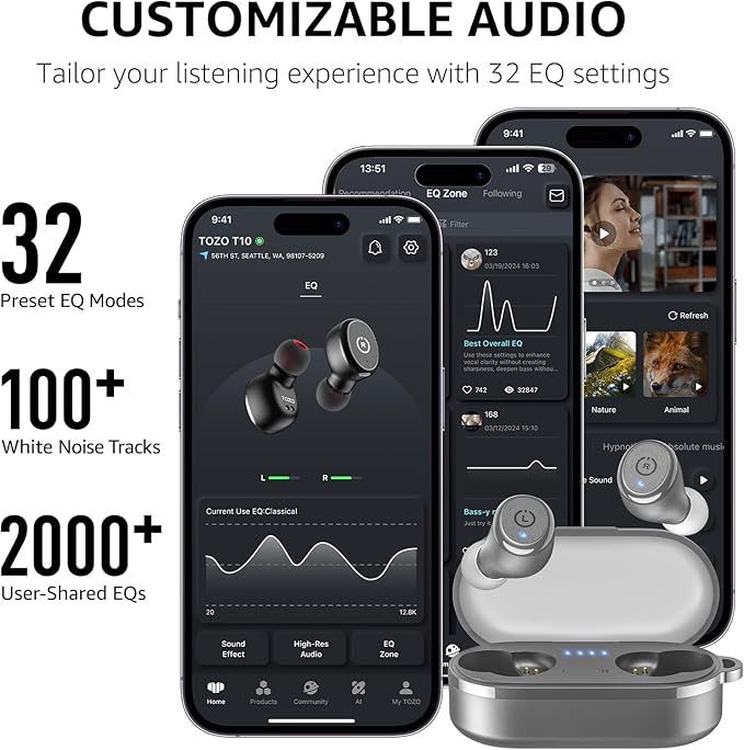 TOZO T10 Wireless Earbuds Bluetooth 5.3 Headphones, App Customize EQ, Ergonomic Design, 55H Playtime, Wireless Charging Case, IPX8 Waterproof Sound in-Ear Headset, New Version
