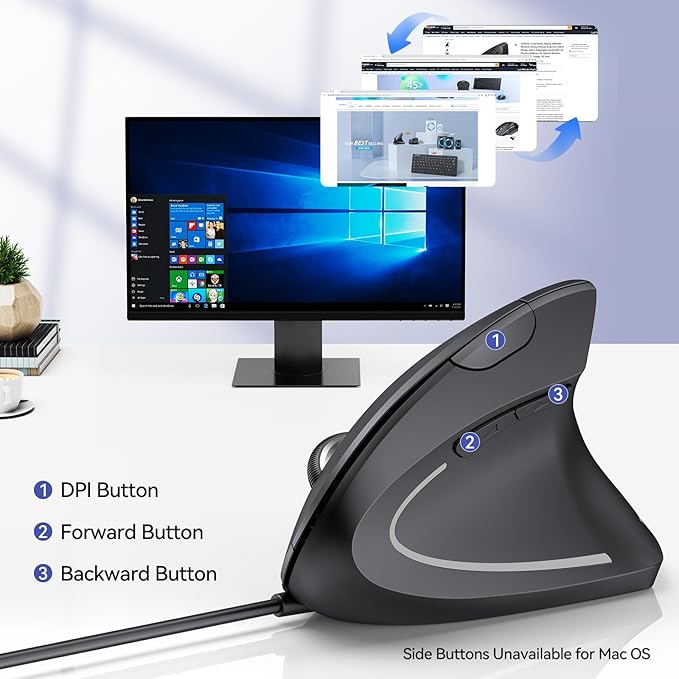 TECKNET Wired Mouse, 6400 DPI Ergonomic Mouse 6 Buttons Silent Mice 4 Adjustable DPI Vertical Mouse Compatible with Windows/Chrome/Laptop/Computer