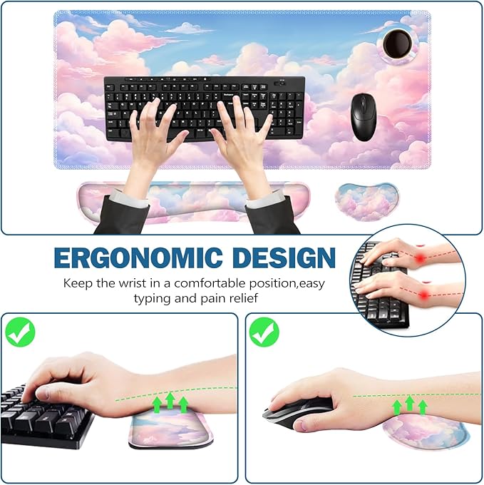ToLuLu Large Mouse Pad Desk Pad Set, Wrist Rest Support Desk Mat for Keyboard and Mouse, 4PCS 35.4”x15.7 XXL Giant Mouse Pad, Non-Slip Base Stitched Edges Mousepad for Home Office, Dreamy Clouds