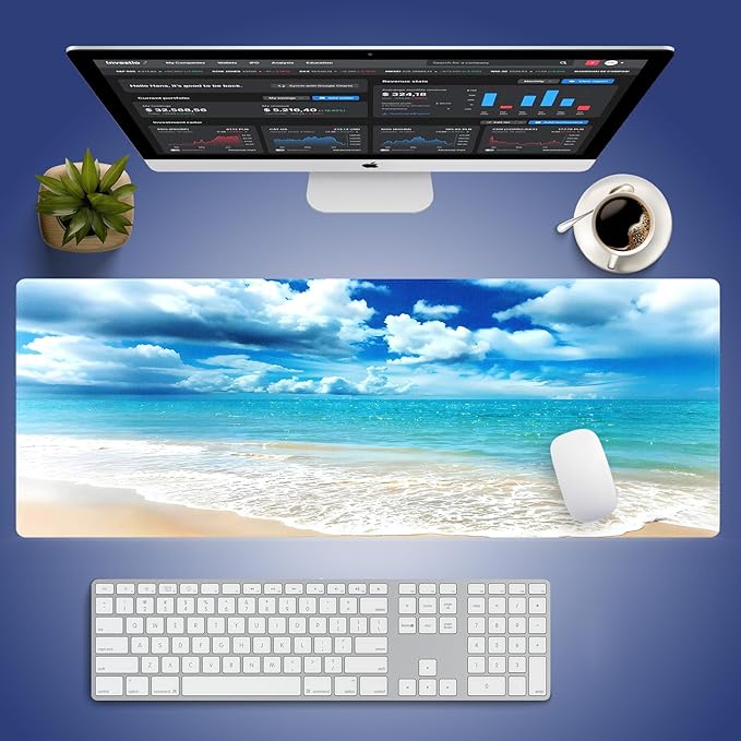 Wknoon. Extra Large Gaming & Office Mouse Pad (31.5" x 11.8") with Durable Stitched Edges – Tranquil Coastal Beach Scene with Clear Blue Waters and Puffy Clouds, Anti-Slip Base Extended XXL Desk Mat