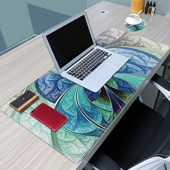 Large Gaming Mouse Pad Office Extended XL Mousepad Non-Slip Soft Keyboard Mouse Mat Home Desktop Writing Pad (31.5"×11.8") with Blue Fractal Flower Design + Cup Coaster and Cute Stickers