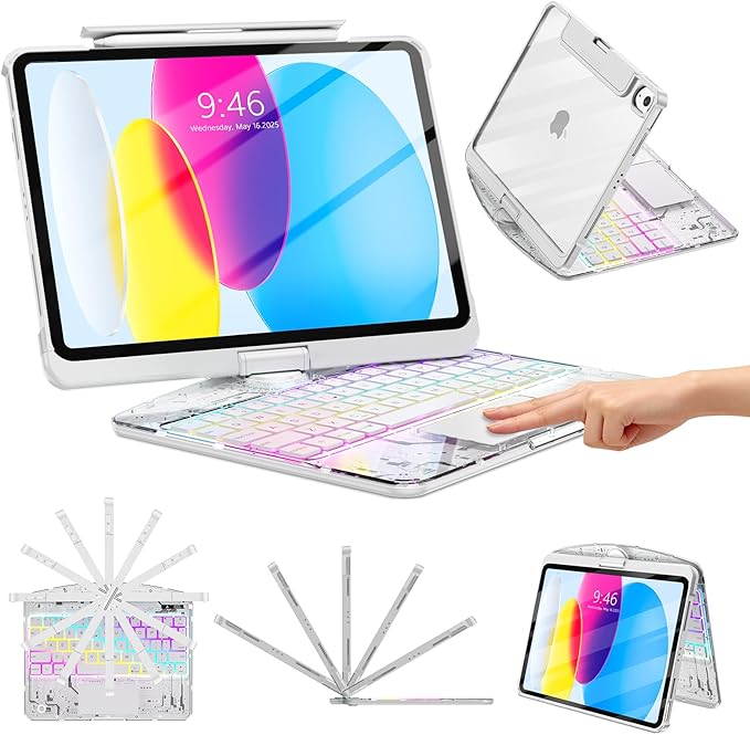 TSQQST Clear Wireless Keyboard Case for iPad (A16) 11th Generation 11-inch 2025/ iPad 10th Generation 10.9-inch 2022 with Pencil Holder & Multi-Touch Trackpad, 7-Color Backlit, 360 Rotatable, White