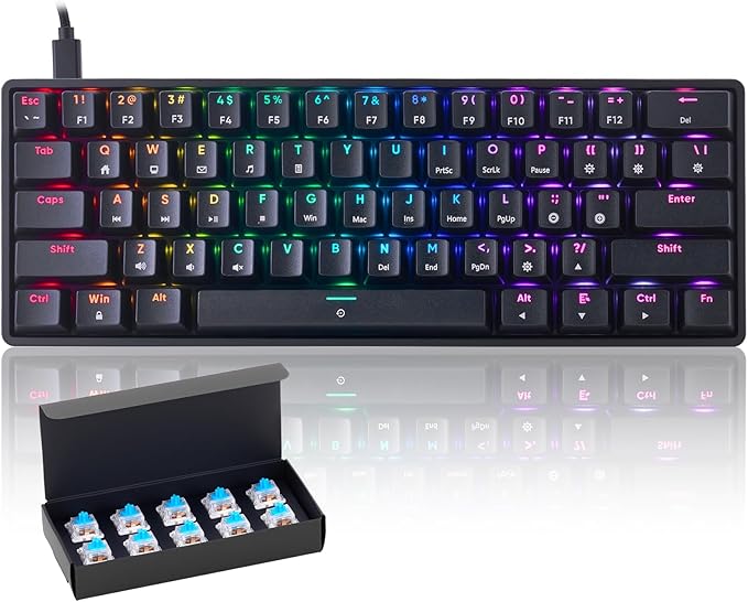Mechanical 60% Gaming RGB Keyboard 61 Keys Wired USB DIY Customize Backlight Macro keypad Ultra-Compact Blue Switches Compatible with Windows Mac Linux Laptop PC Computer(Black)