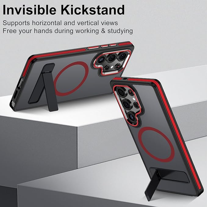 MALEWOLF Kickstand Case for Samsung Galaxy S25 Ultra Magnetic, Fits for Magsafe, Rugged Shockproof Phone Case with Anti-Slip Grip, Slim Matte Protective Cover for Galaxy S25 Ultra (Black/Red)