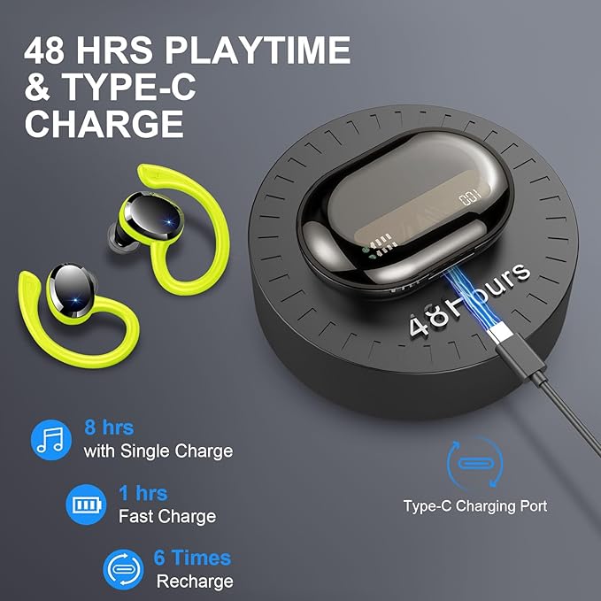 Wireless Earbuds Bluetooth Headphone Sport, Bluetooth 5.3 Earbud 3D HiFi Stereo Over Ear Buds, 48Hrs Earhooks Earphone with Noise Cancelling Mic, IP7 Waterproof Headset for Workout/Running/Gym