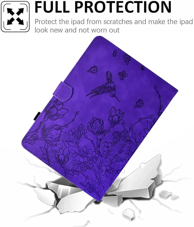 for iPad 9.7 Inch Case iPad 6th/5th Generation Case 2018 2017, Embossed Suede Leather Folio Stand Cover for iPad 9.7 inch/Pro 9.7/Air 2/Air 1, Auto Sleep/Wake, Purple Bird Flower Embossing