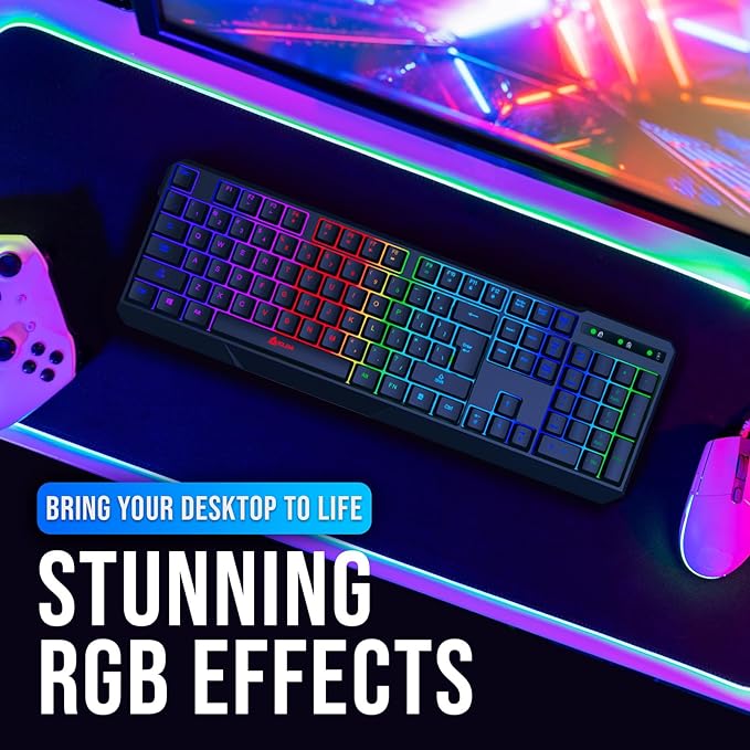 KLIM Chroma Wireless Keyboard – RGB Backlit Gaming, Rechargeable Battery, PC Keyboard, Durable & Water-Resistant, Compatible with PS4, PS5 & Mac - Black