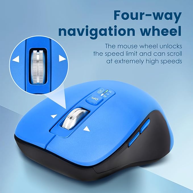 CITLLA Wireless Bluetooth Mouse (USB + BT1 + BT2), Full Size, 4-Way Scrolling, Multi-Device Silent Mouse for Computer, Laptop, iPad, MacBook (Blue)
